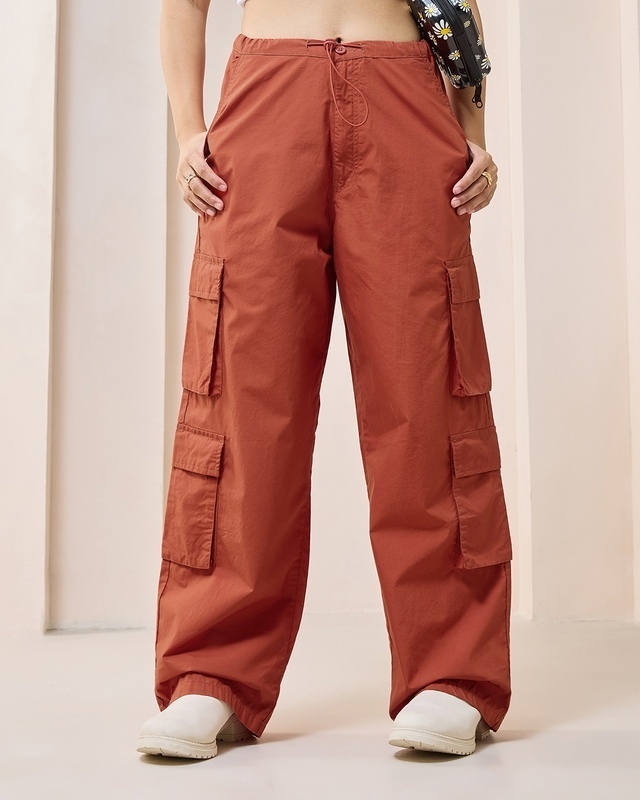 Shop Women's Orange Oversized Cargo Parachute Pants-Front