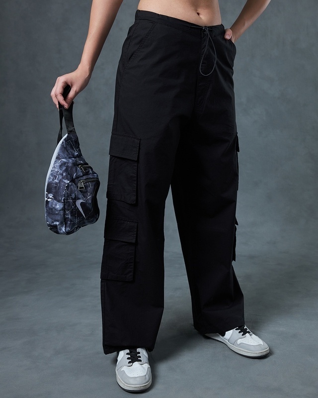 Shop Women's Black Oversized Cargo Parachute Pants-Front