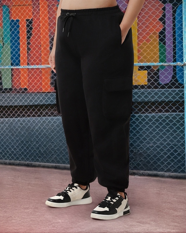 Shop Women's Black Oversized Plus Size Cargo Joggers-Front