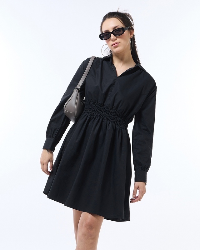 Shop Women's Black Oversized Shirt Dress-Front