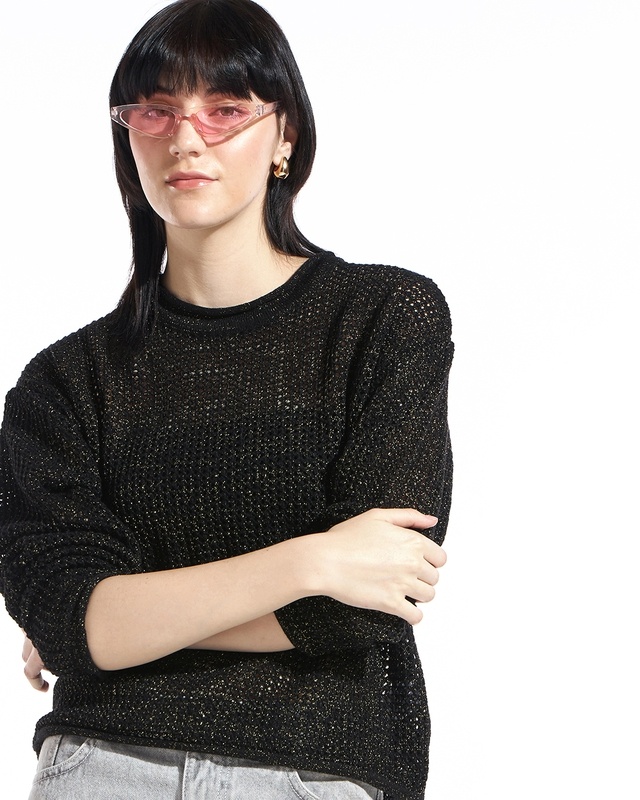 Shop Women's Black Oversized Crochet Sweater-Front