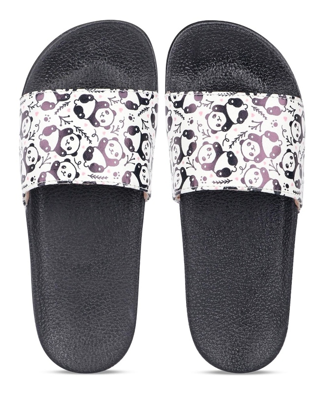 Shop Women's Black Panda Printed Sliders-Front