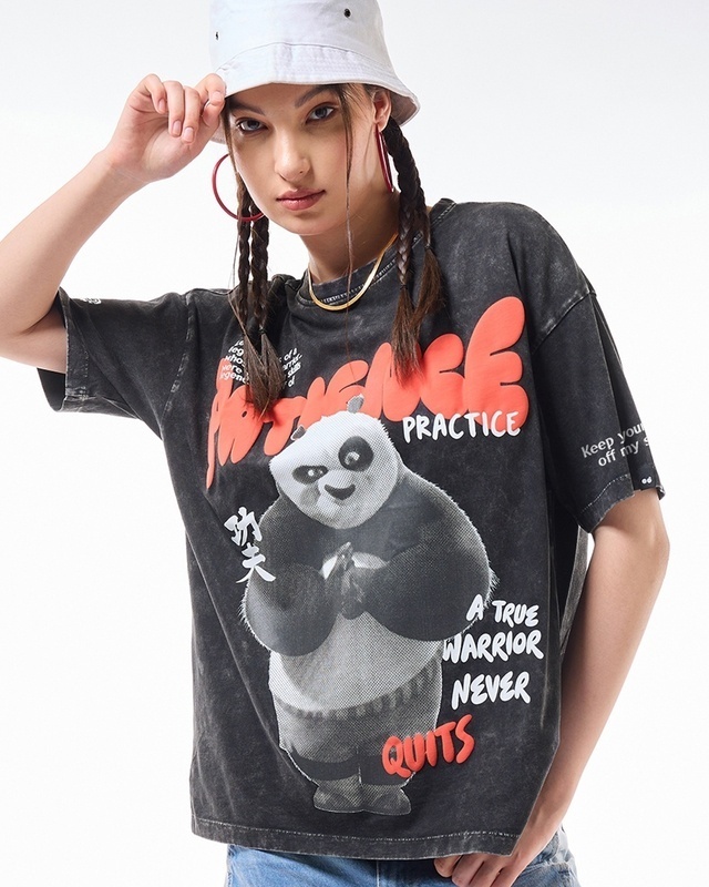 Shop Women's Black Patience is the Key Graphic Printed Oversized Acid Wash T-shirt-Front