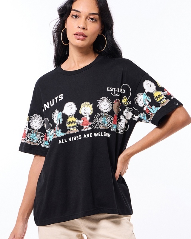 Shop Women's Black Peanuts Gang Graphic Printed Oversized T-shirt-Front