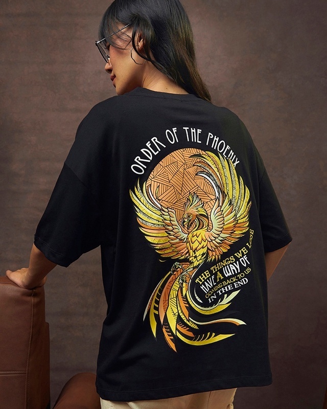 Women's Black Phoenix Fawkes Graphic Printed Oversized T-shirt