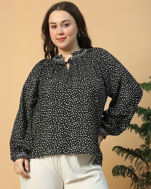 Shop Women's Black Polka Printed Plus Size Top-Front