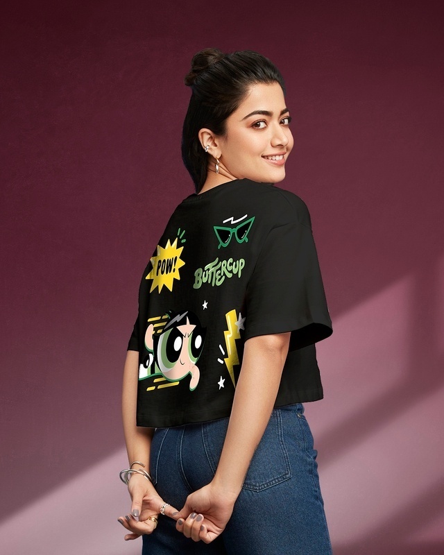 Shop Women's Black Power Puff Girls Graphic Printed Oversized Short Top-Front