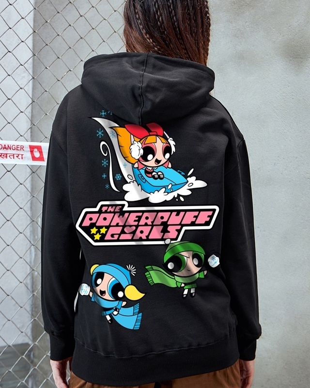 Shop Women's Black Powerpuffed Christmas Graphic Printed Oversized Hoodies-Front