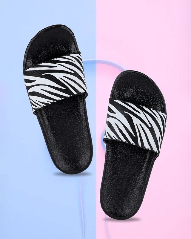 Shop Women's Black Printed Sliders-Front