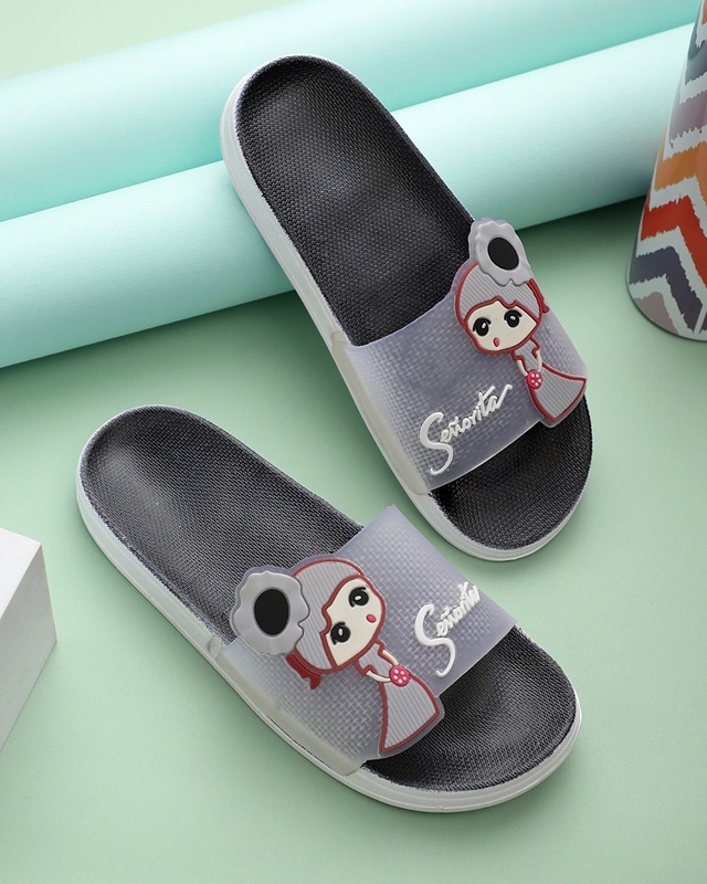 Shop Women's Black Printed Sliders-Front