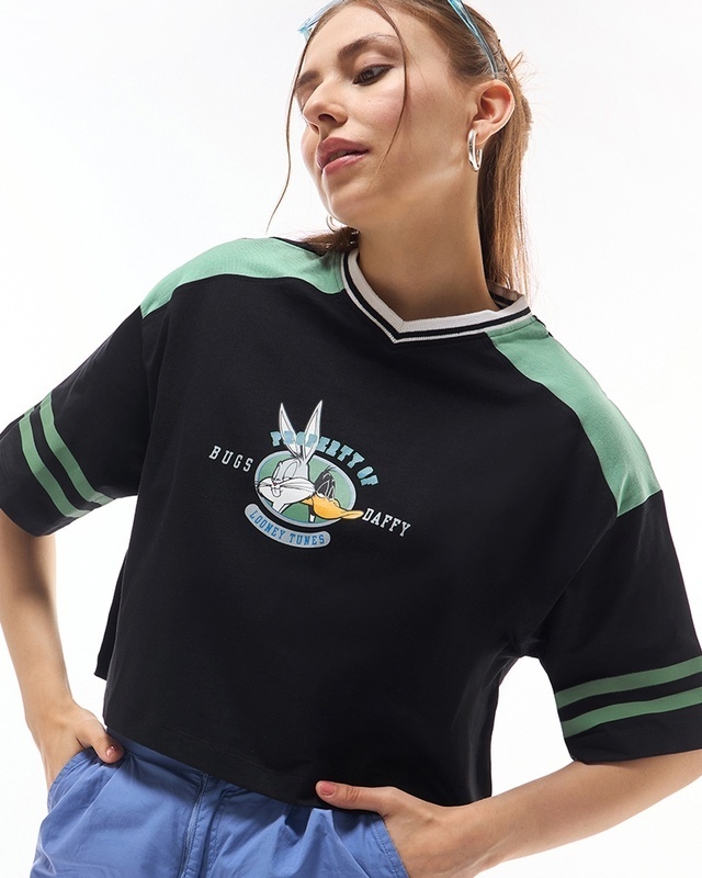 Shop Women's Black Property of Bugs Daffy Graphic Printed Oversized Crop T-shirt-Front