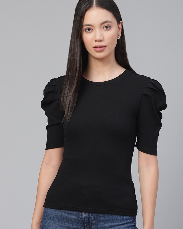 Shop Women's Black Puff Sleeve Top-Front