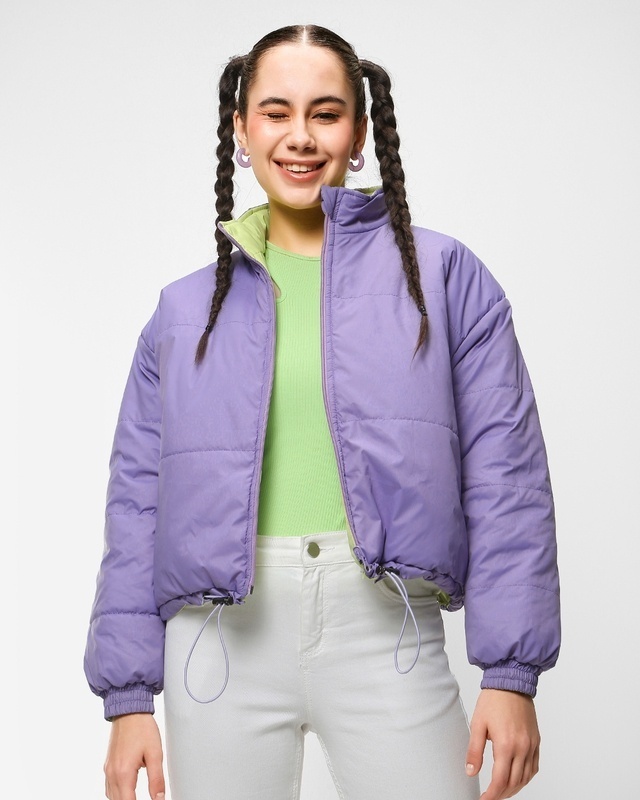 Shop Women's Lime & Lavender Reversible Super Loose  Puffer Jacket-Front
