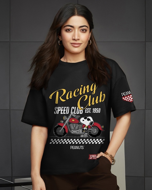 Shop Women's Black Racing Club Graphic Printed Oversized T-shirt-Front