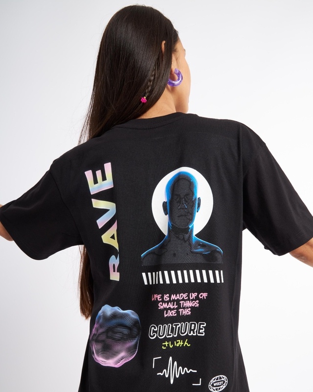 Shop Women's Black Rave Graphic Printed Oversized T-shirt-Front