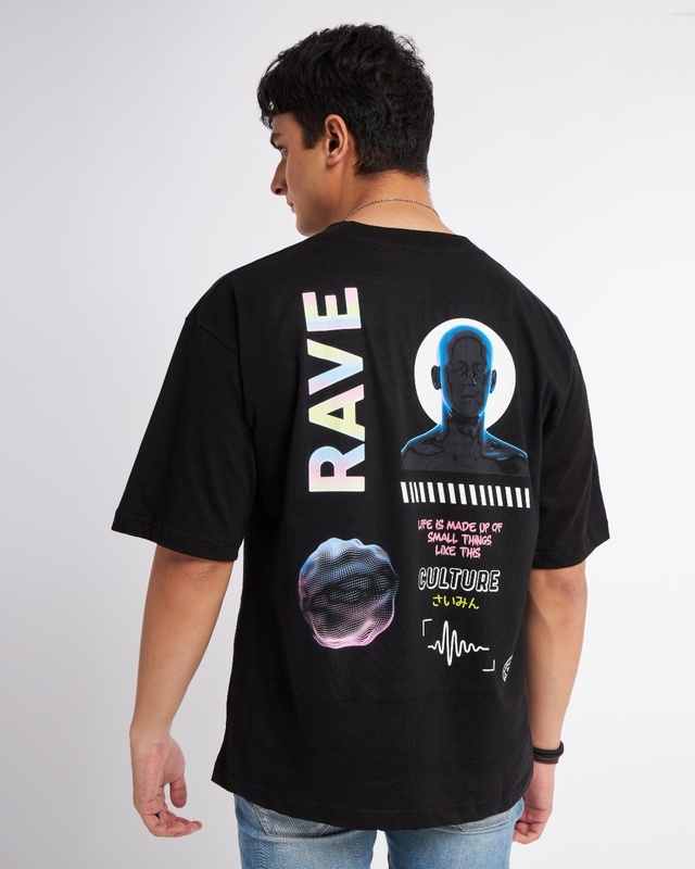 Shop Men's Black Rave Graphic Printed Oversized T-shirt-Front