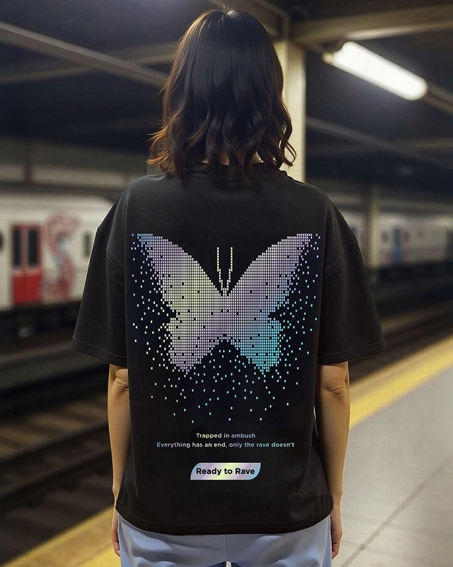Women's Black Ready To Rave Graphic Printed Oversized T-shirt