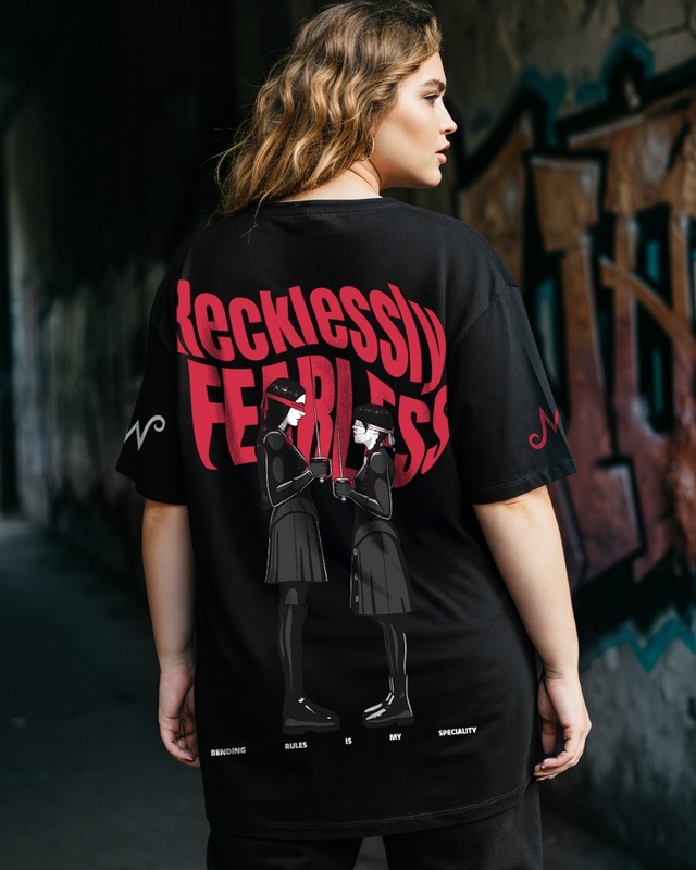 Shop Women's Black Recklessly Fearless Graphic Printed Oversized Plus Size T-shirt-Front