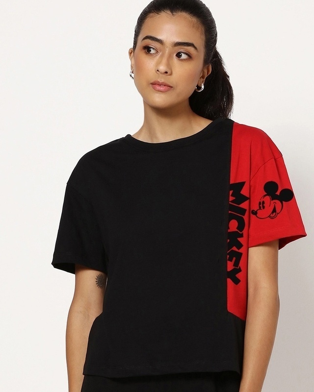 Shop Women's Black & Red Smiling Mickey Graphic Printed Oversized Short Top-Front