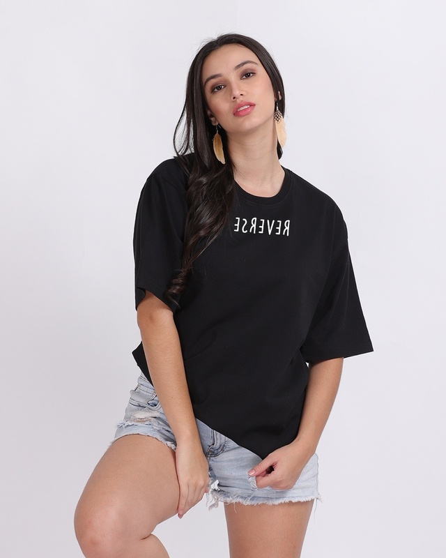 Shop Women's Black Reverse Typography Oversized T-shirt-Front