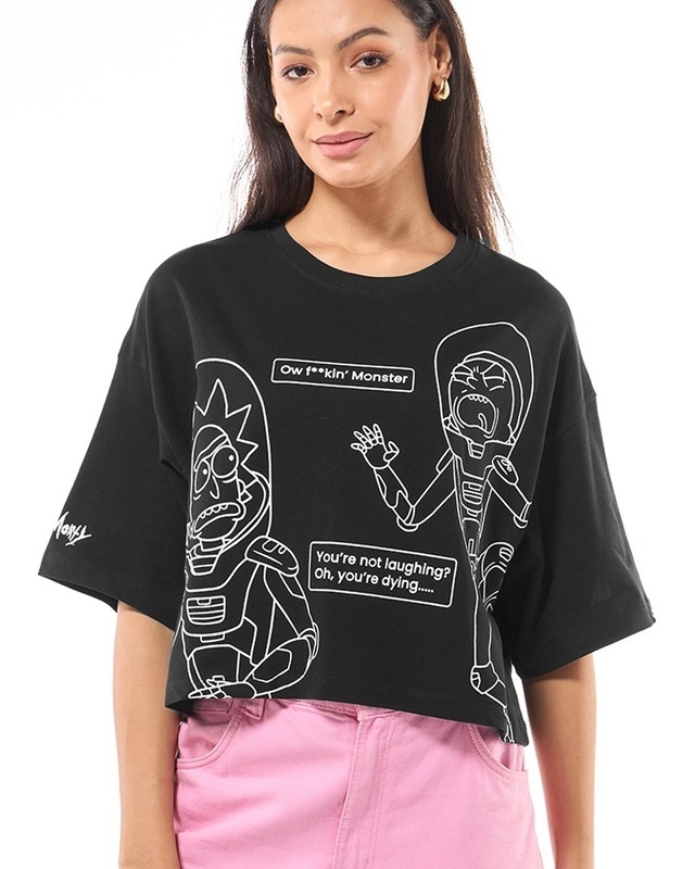 Shop Women's Black Rick N Monty Chats Graphic Printed Oversized Short Top-Front