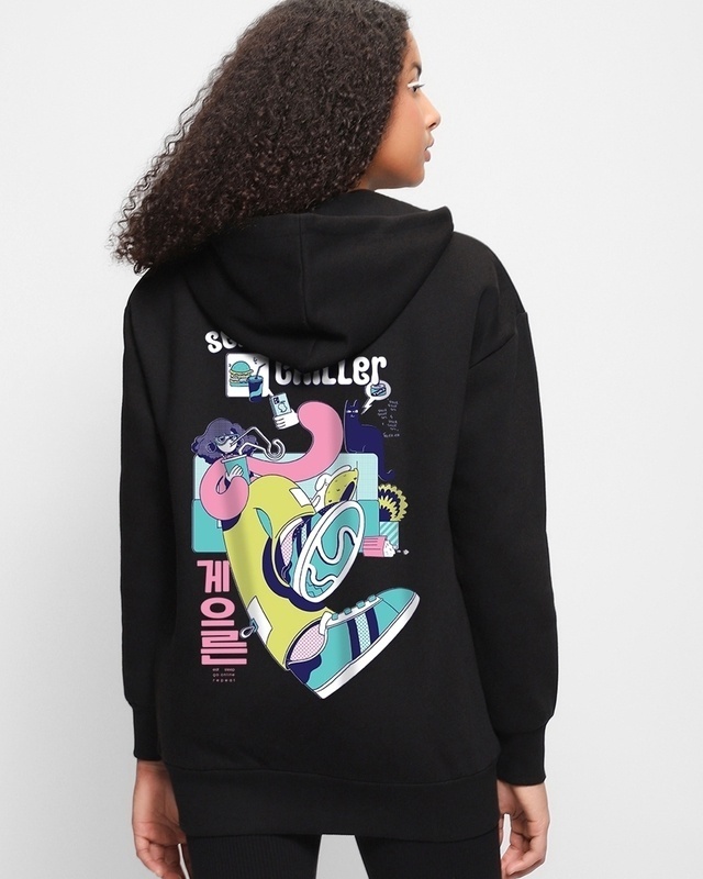 Shop Women's Black Serial Chiller Graphic Printed Oversized Hoodies-Front