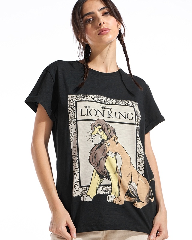 Shop Women's Black Simba Nala Graphic Printed Boyfriend T-shirt-Front