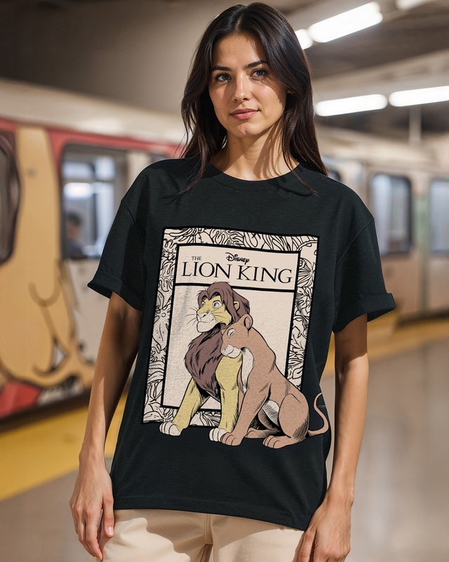 Women's Black Simba Nala Graphic Printed Boyfriend T-shirt