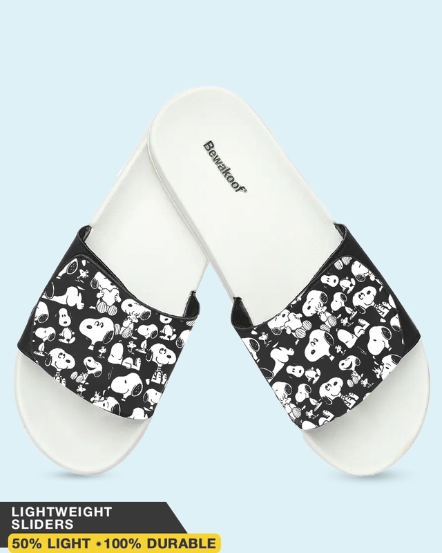 Shop Women's White Snoopy Laughs Adjustable Velcro Sliders-Front