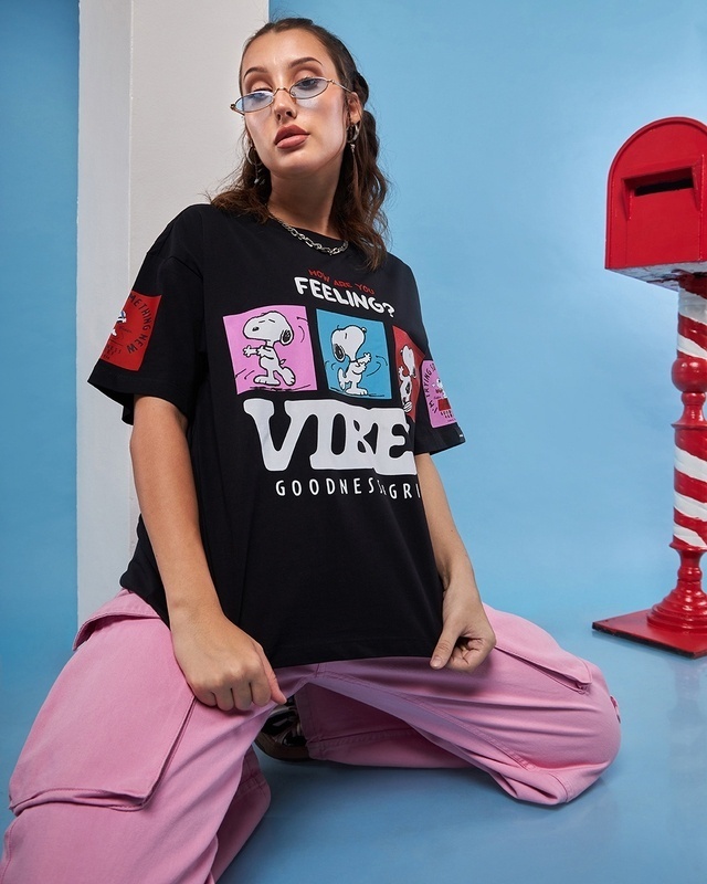 Shop Women's Black Snoopy Vibes Graphic Printed Oversized T-shirt-Front