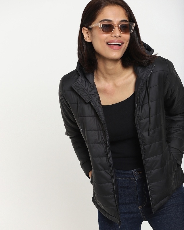 Shop Women's Black Relaxed Fit Puffer Jacket-Front