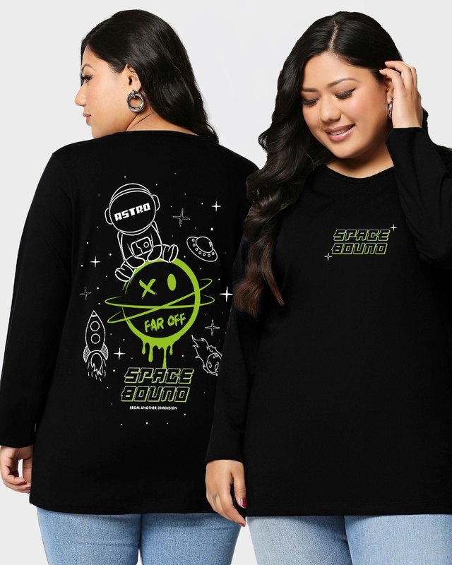 Shop Women's Black Space Bound Graphic Printed Plus Size T-shirt-Front