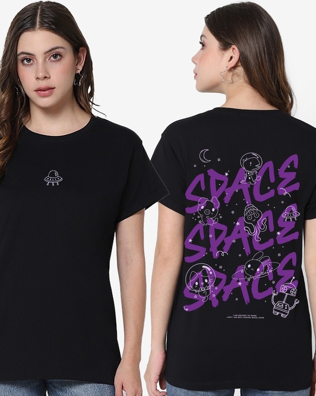 Shop Women's Black Space Space Typography Boyfriend T-shirt-Front
