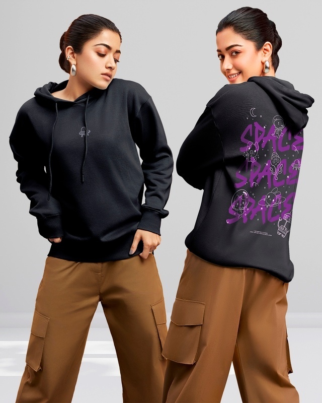 Shop Women's Black Space Typography Oversized Hoodie-Front