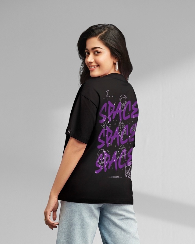 Shop Women's Black Space Typography Oversized T-shirt-Front