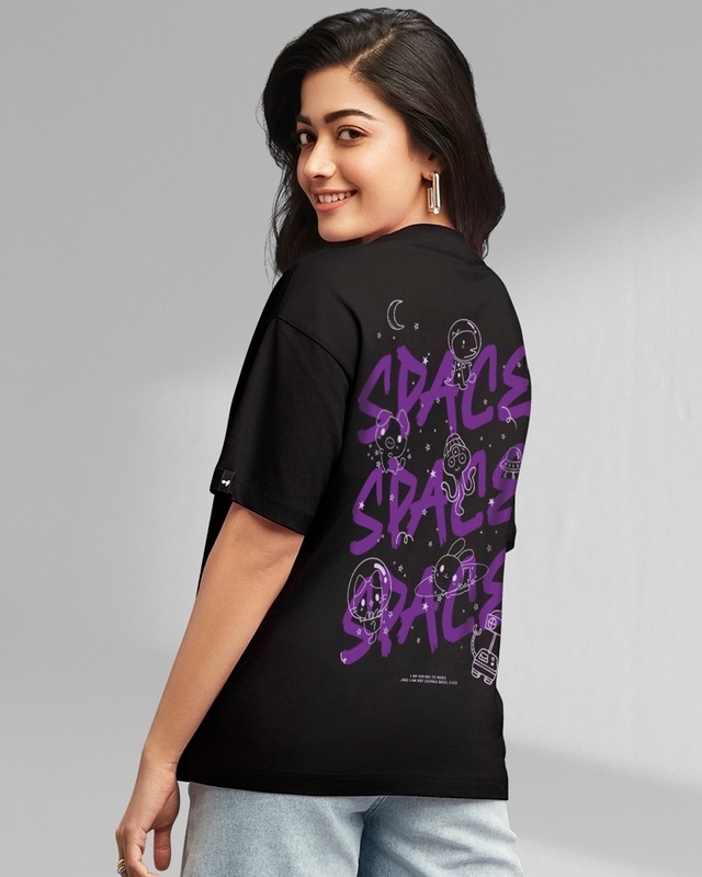 Shop Women's Black Space Typography Oversized T-shirt-Front