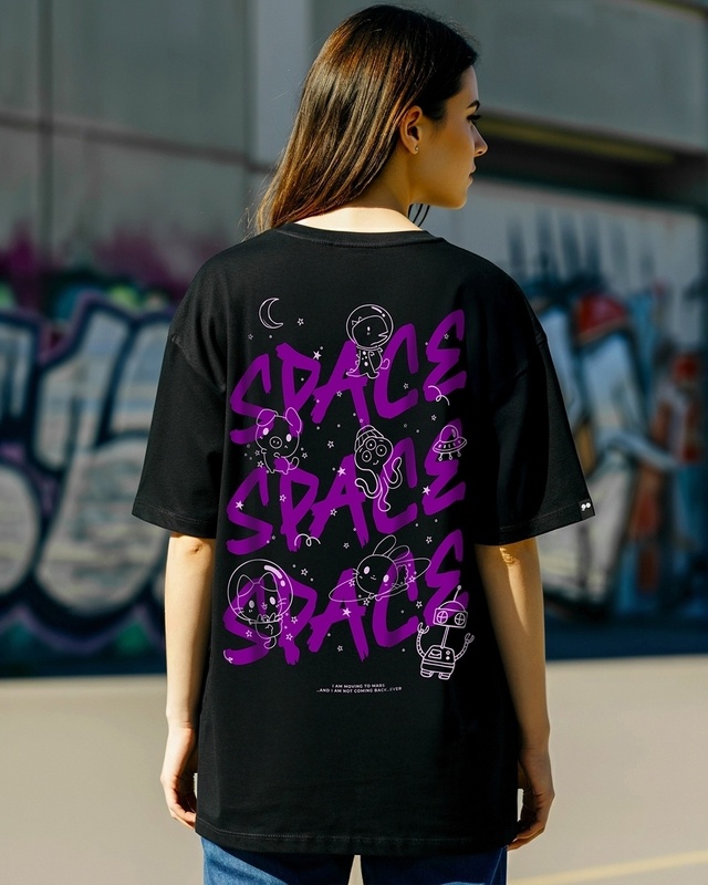 Shop Women's Black Space Typography Oversized T-shirt-Front