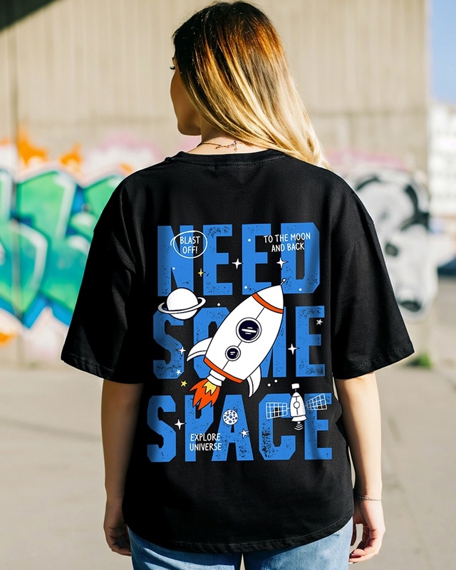 Shop Women's Black Space X Graphic Printed Oversized T-shirt-Front