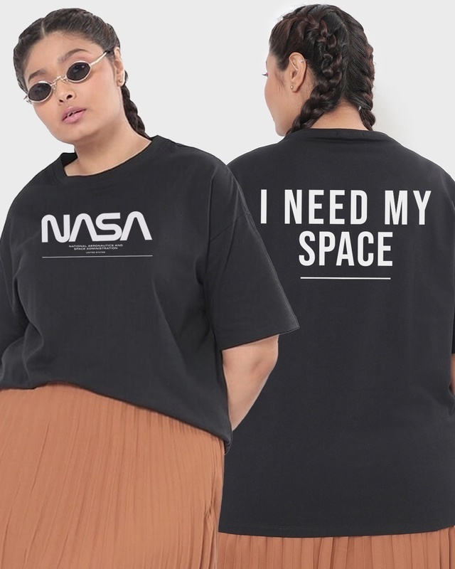 Shop Women's Black Spaced NASA Typography Oversized Plus Size T-shirt-Front