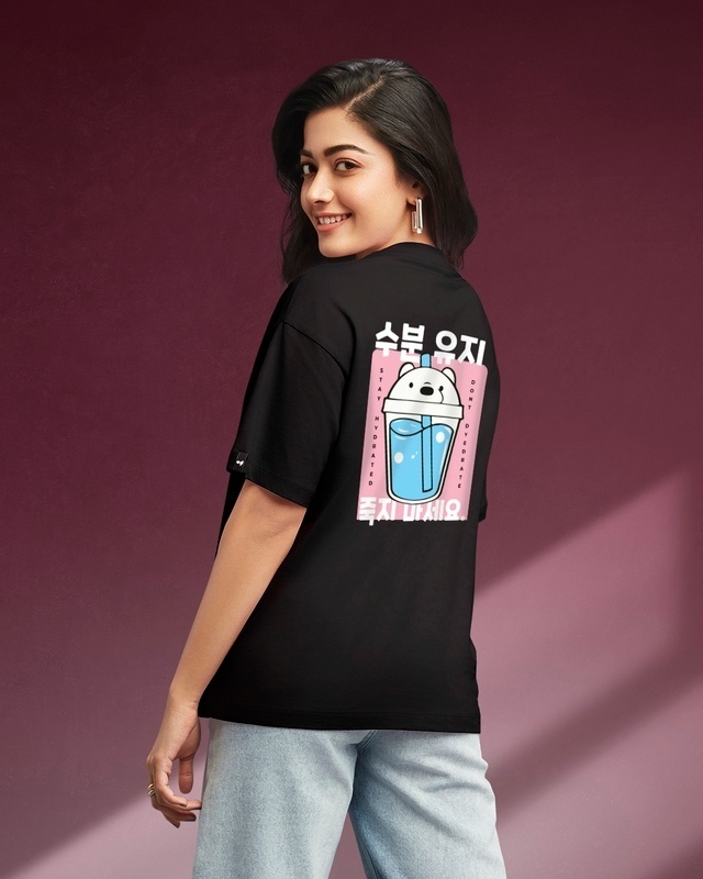 Shop Women's Black Stay Hydrated Back Graphic Printed Oversized T-shirt-Front