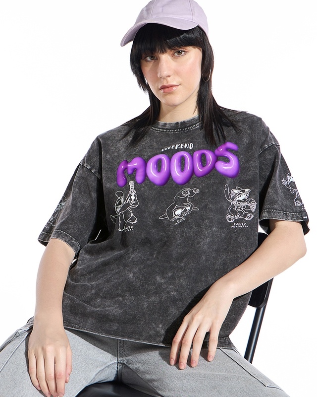 Shop Women's Black Stitch Moods Graphic Printed Oversized Acid Wash T-shirt-Front