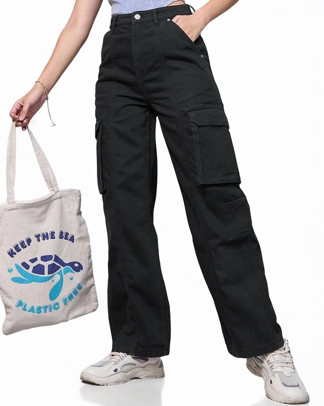 Shop Women's Black Straight Fit Cargo Jeans-Front