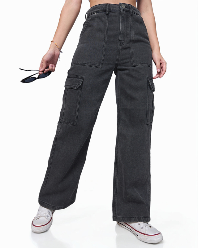 Shop Women's Black Straight Fit Cargo Jeans-Front