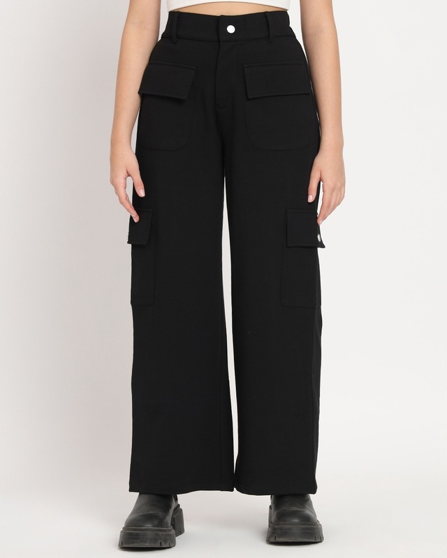 Shop Women's Black Straight Fit Cargo Parachute Pants-Front