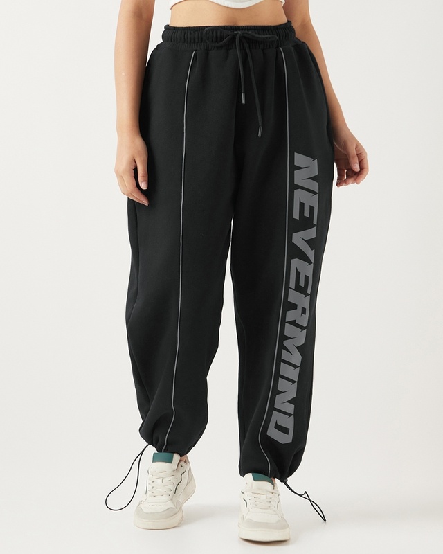 Shop Women's Black Typography Super Loose Fit Track Pants-Front