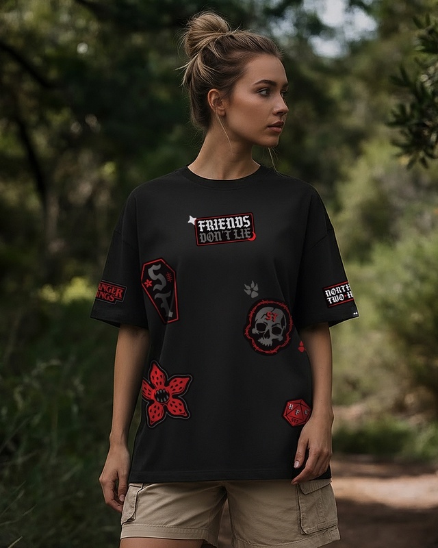 Women's Black Stranger Things Graphic Printed Oversized T-shirt-Front Bewakoof Shop Women's Black Stranger Things Graphic Printed Oversized T-shirt-Front