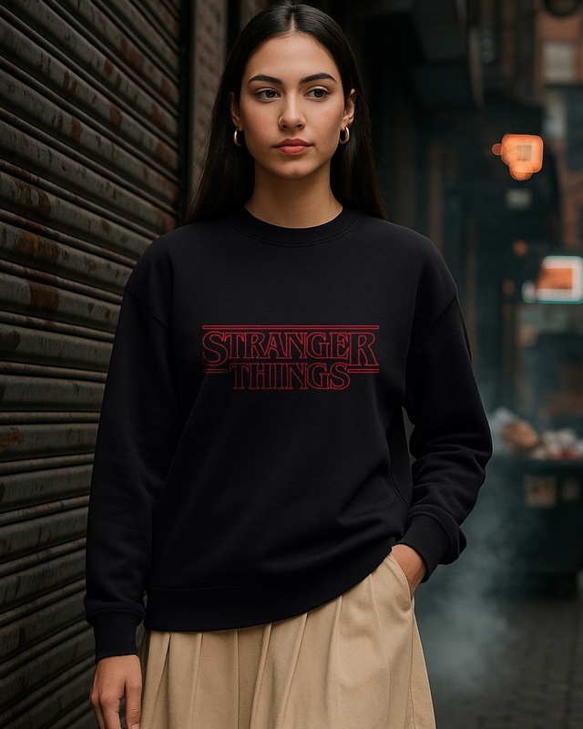 Shop Women's Black Stranger Things Typography Oversized Sweatshirt-Front