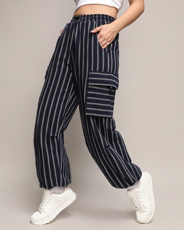 Shop Women's Black Striped Loose Comfort Fit Cargo Parachute Pants-Front