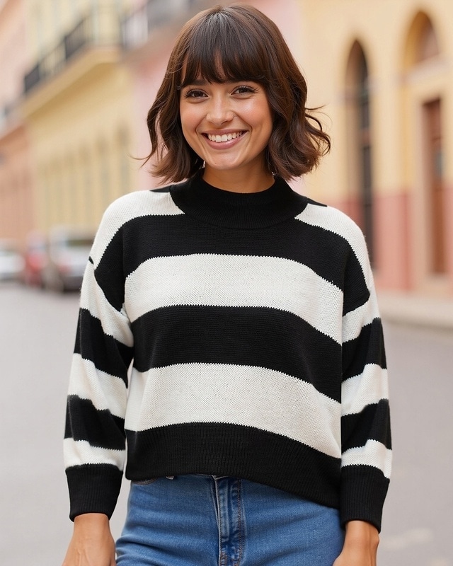 Shop Women's Black Striped Oversized Sweater-Front