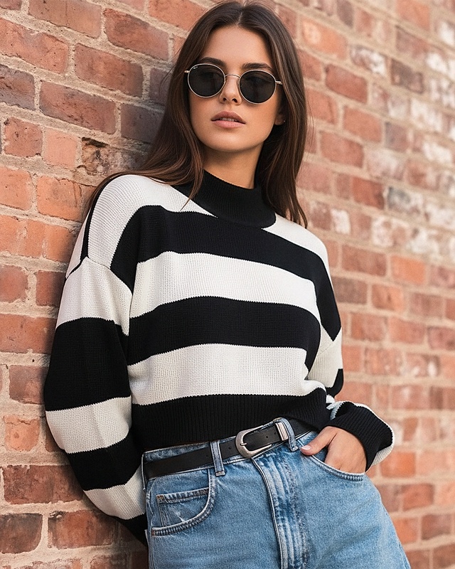 Women's Black Striped Oversized Crop Sweater-Front Bewakoof Shop Women's Black Striped Oversized Crop Sweater-Front